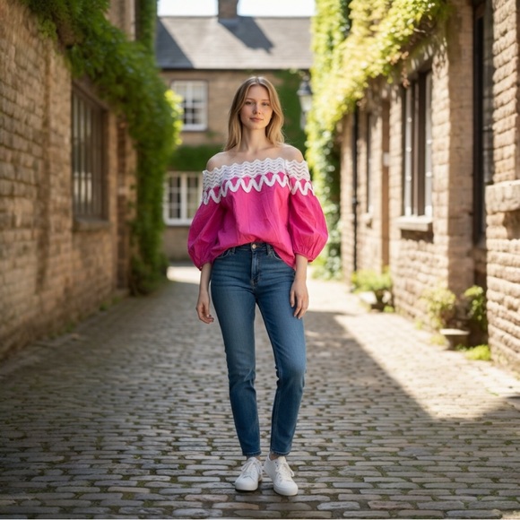 crown & ivy Tops - crown & ivy Fuchsia Off-Shoulder Blouse with White Trim